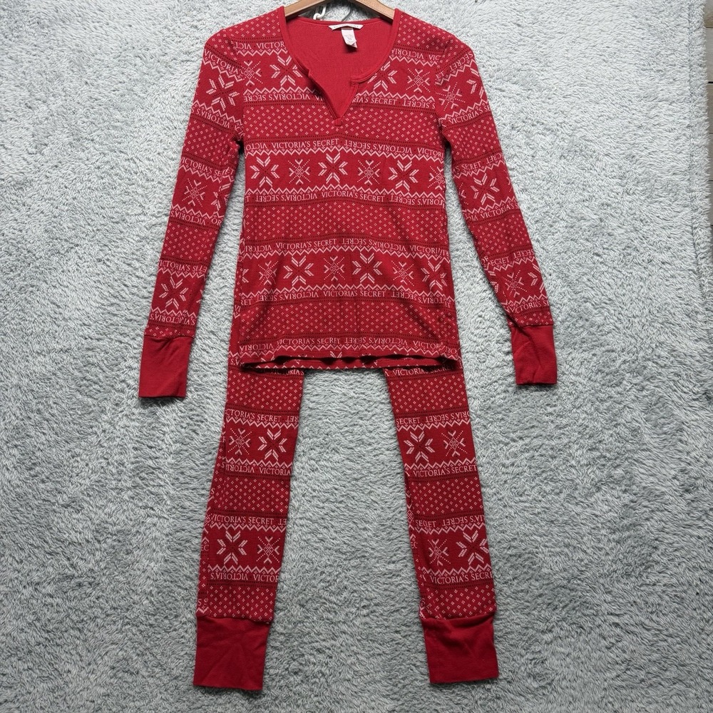 Victorias Secret Thermal Waffle Pajama Set Red Fair Isle XS Henley Long John